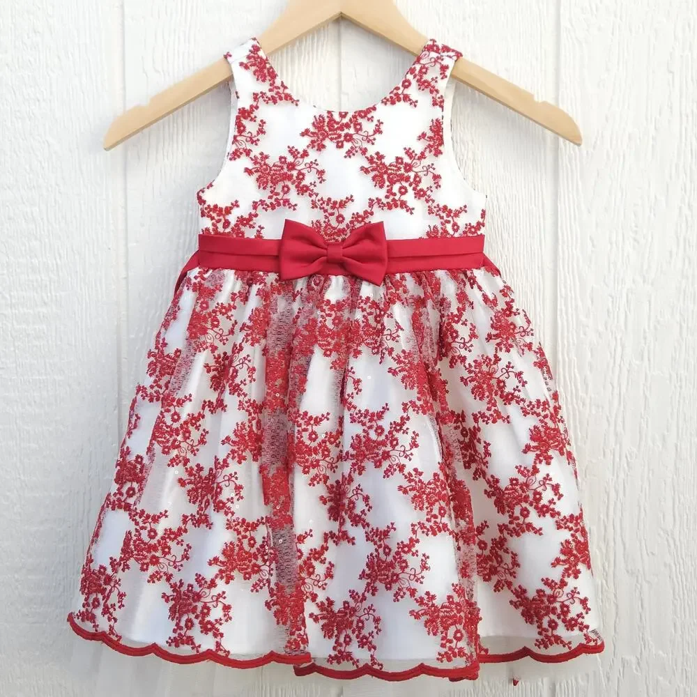 American Princess 3T Red Holiday Party Dress Floral Embroidery Tulle Formal EUC